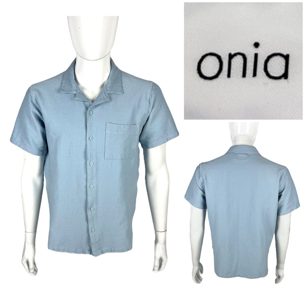 Onia Mens Large Shirt Blue Short Sleeve Seersucker Cotton Blend Stretch EUC